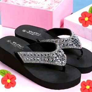 BLACK RHINESTONE BLING THONG  WEDGE SANDALS FLIP FLOP SLIDES